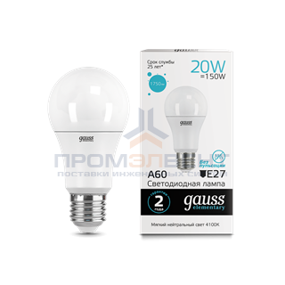 Лампа Gauss Elementary A60 20W 1600lm 4100K E27 LED 1/10/50